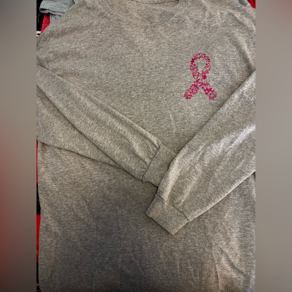 Gray Long Sleeve Shirt with Pink Ribbon Design